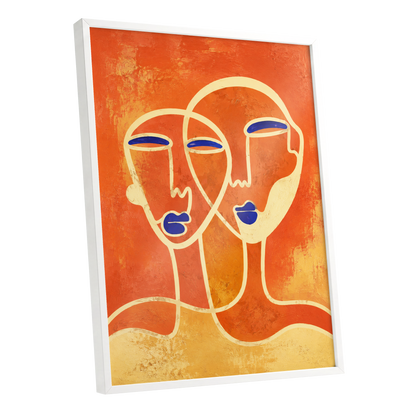 Ember Duet, orange, beige, blue abstract wall art shown as a white framed poster wall art print