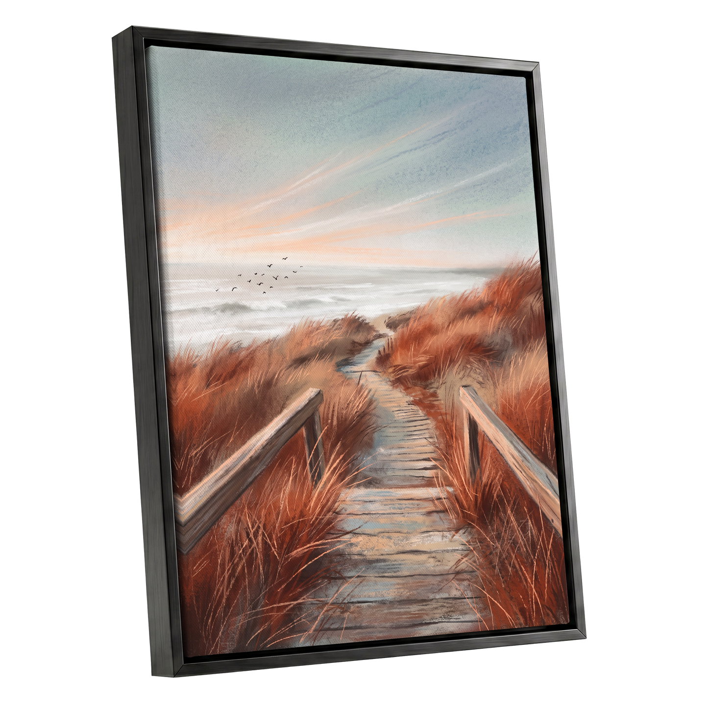 Ember Dune Path, blue, brown, orange nature wall art shown as a black framed canvas wall art