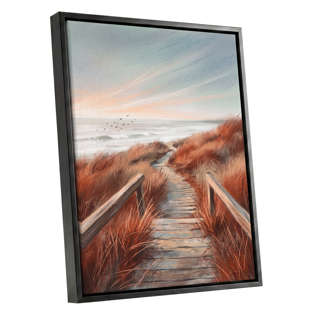 Ember Dune Path, blue, brown, orange nature wall art shown as a black framed canvas wall art