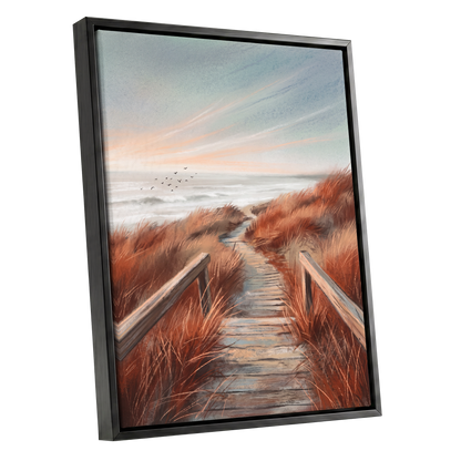 Ember Dune Path, blue, brown, orange nature wall art shown as a black framed canvas wall art