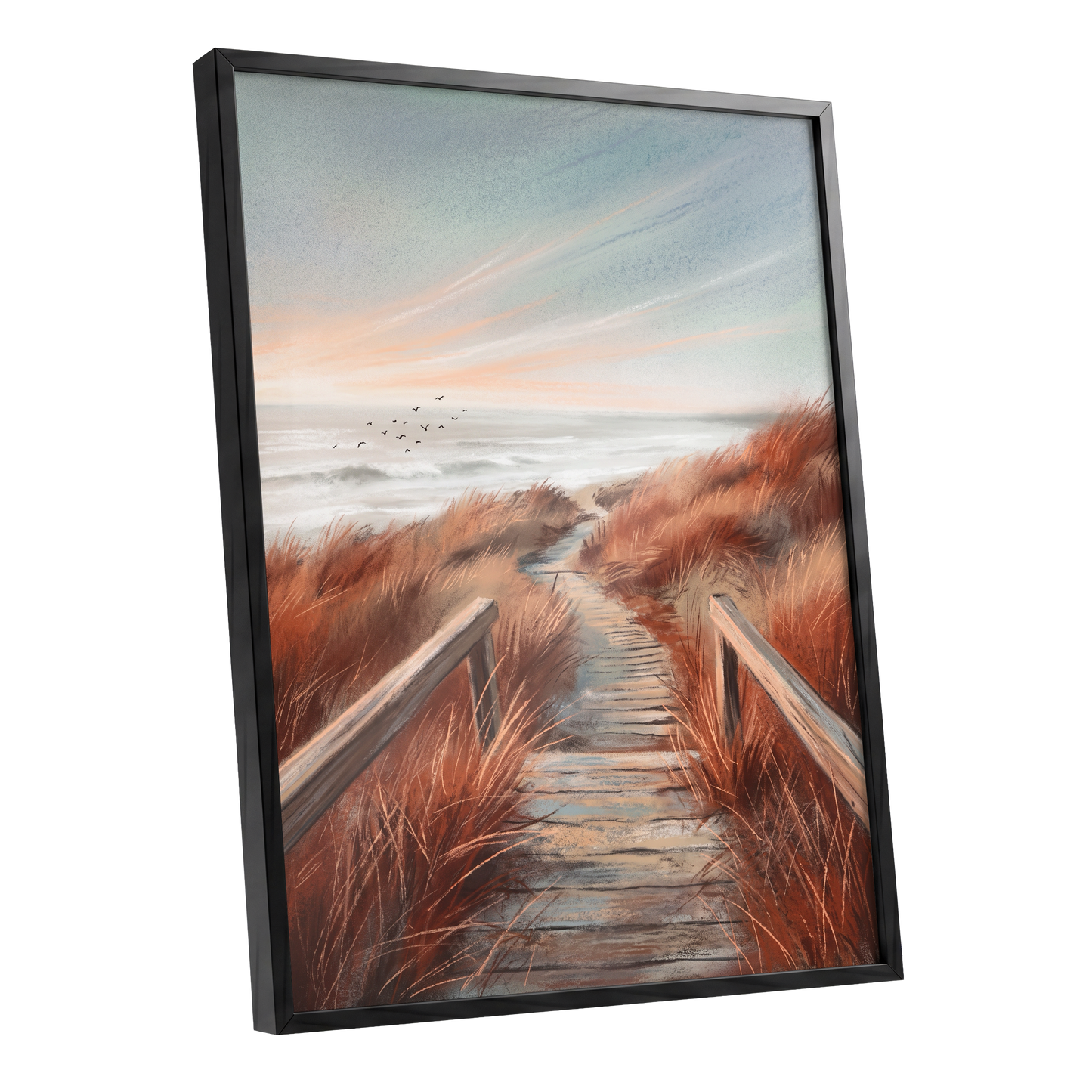 Ember Dune Path, blue, brown, orange nature wall art shown as a black framed poster wall art print