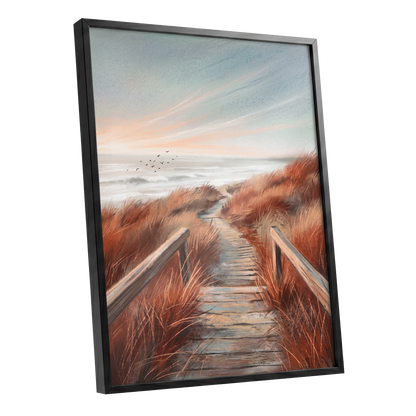 Ember Dune Path, blue, brown, orange nature wall art shown as a black framed poster wall art print