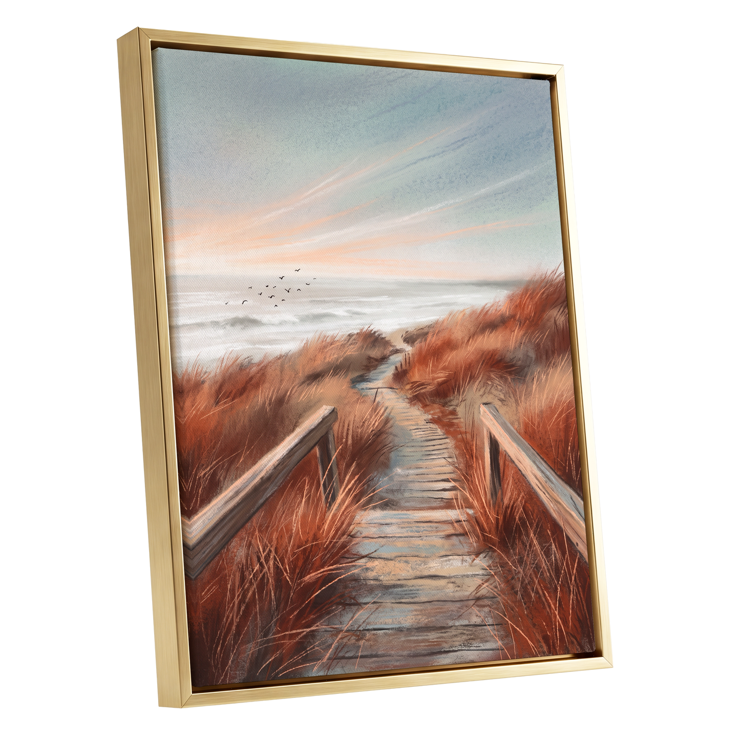 Ember Dune Path, blue, brown, orange nature wall art shown as a gold framed canvas wall art