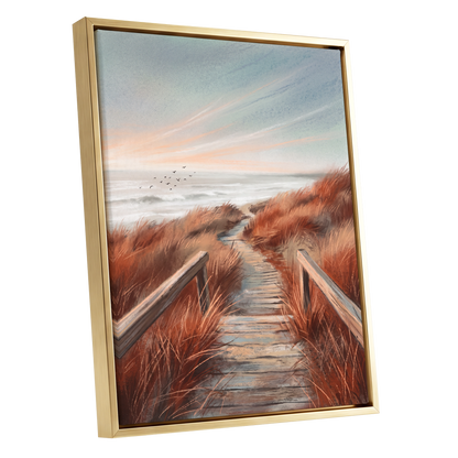 Ember Dune Path, blue, brown, orange nature wall art shown as a gold framed canvas wall art