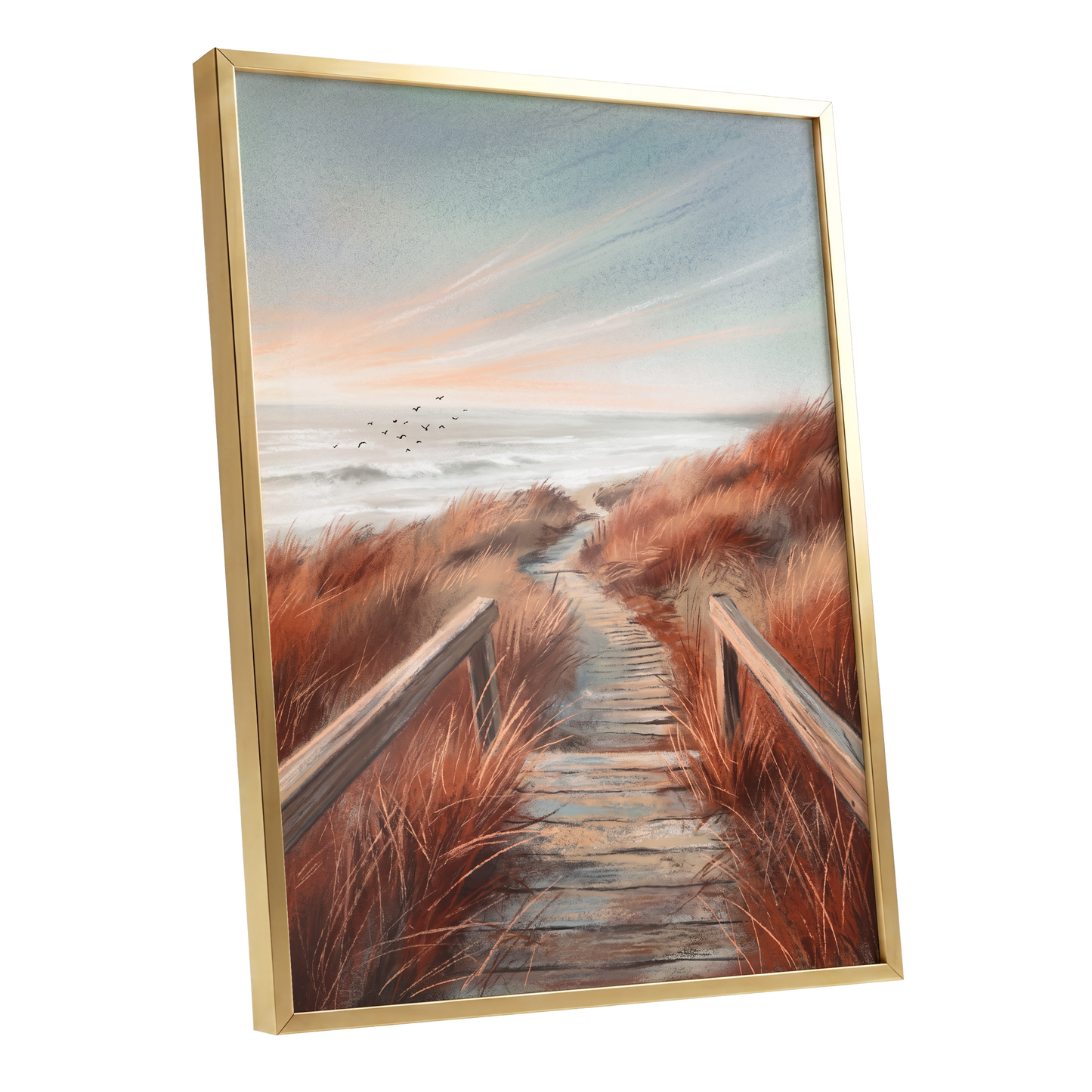 Ember Dune Path, blue, brown, orange nature wall art shown as a gold framed poster wall art print