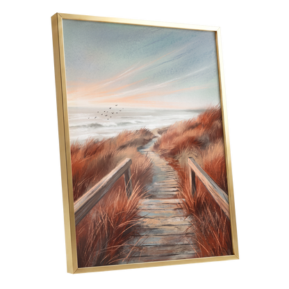 Ember Dune Path, blue, brown, orange nature wall art shown as a gold framed poster wall art print