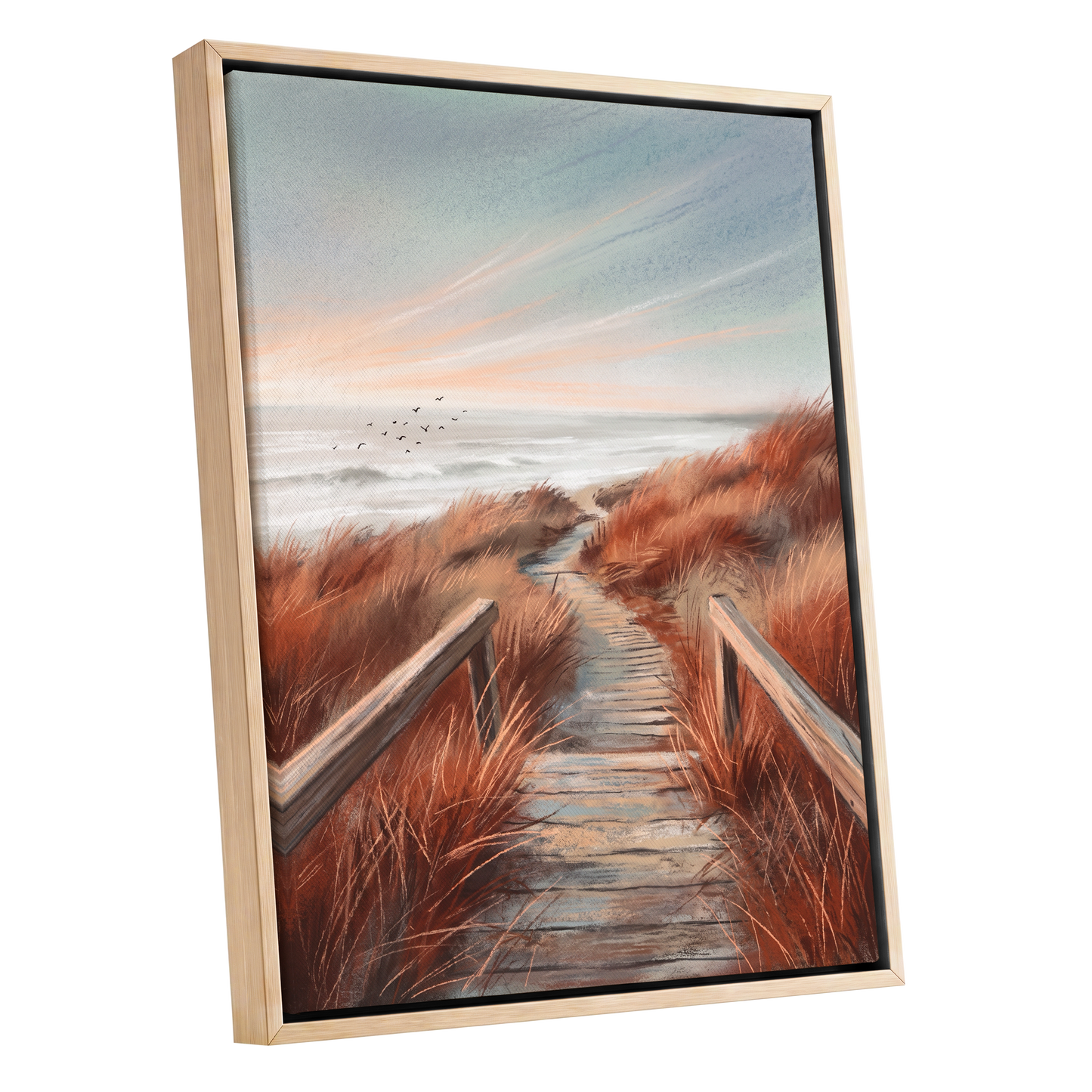 Ember Dune Path, blue, brown, orange nature wall art shown as a oak framed canvas wall art