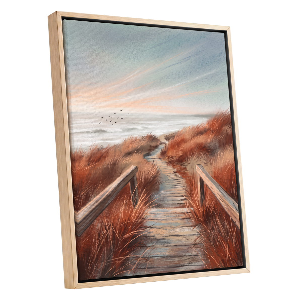 Ember Dune Path, blue, brown, orange nature wall art shown as a oak framed canvas wall art
