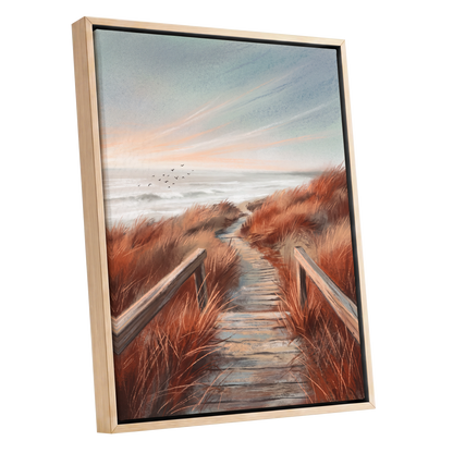 Ember Dune Path, blue, brown, orange nature wall art shown as a oak framed canvas wall art
