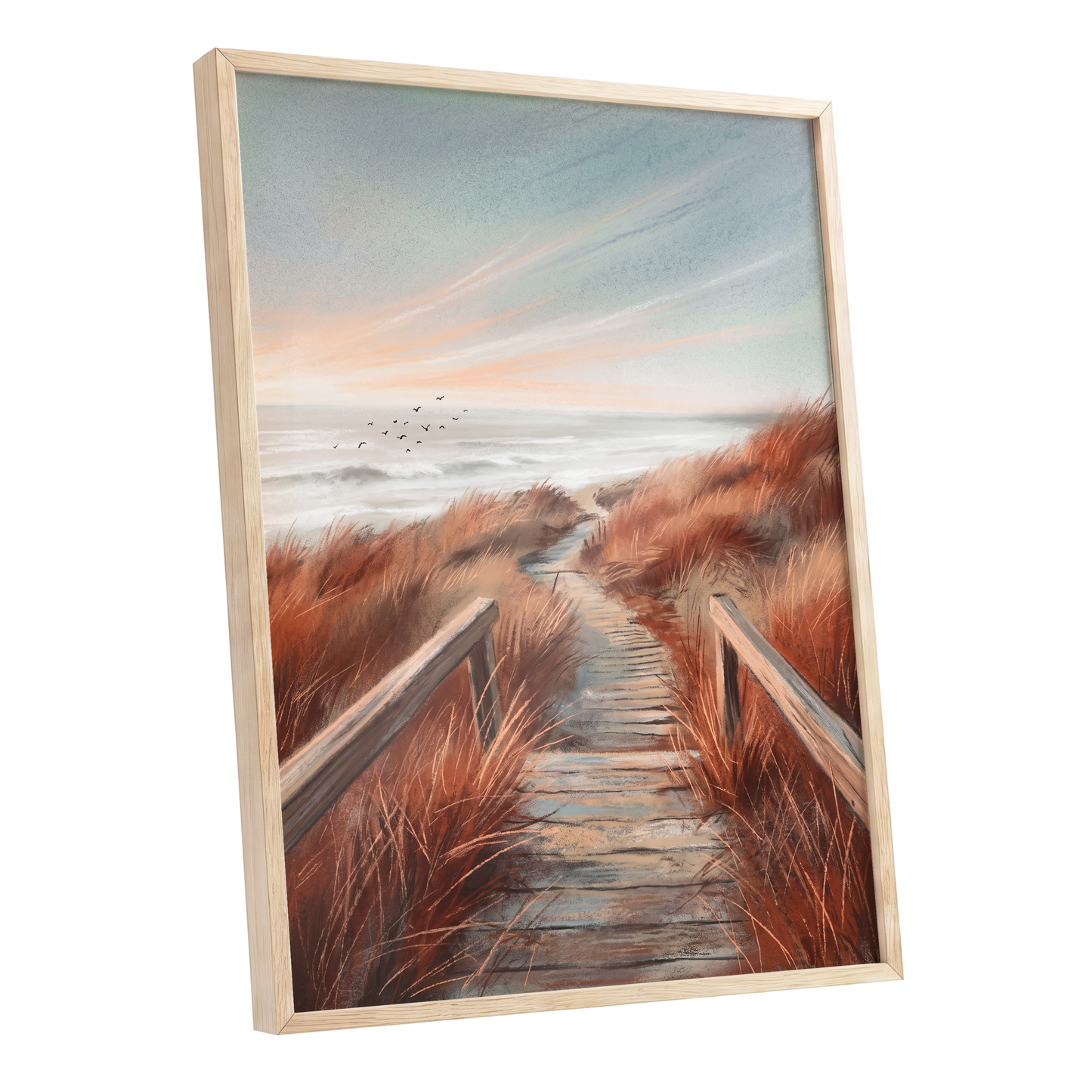 Ember Dune Path, blue, brown, orange nature wall art shown as a oak framed poster wall art print
