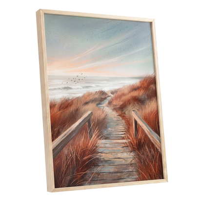 Ember Dune Path, blue, brown, orange nature wall art shown as a oak framed poster wall art print