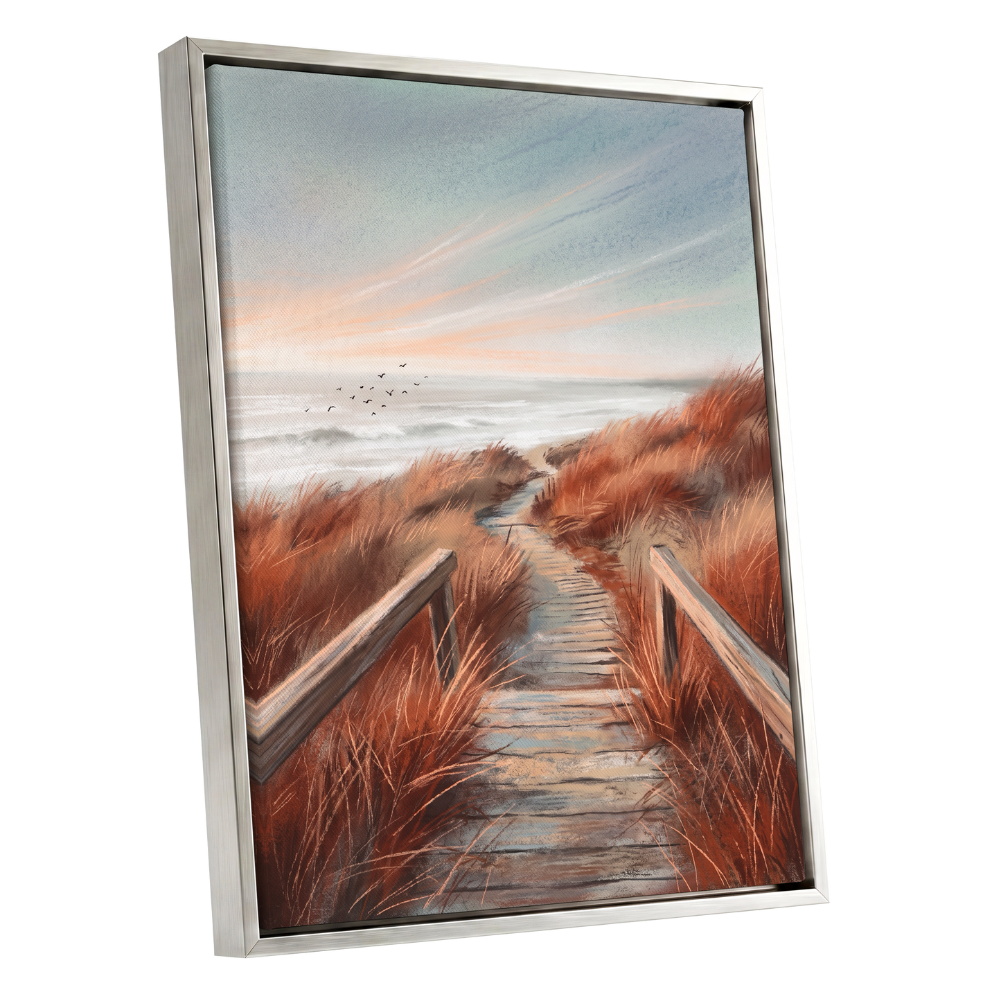 Ember Dune Path, blue, brown, orange nature wall art shown as a silver framed canvas wall art