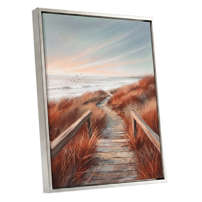 Ember Dune Path, blue, brown, orange nature wall art shown as a silver framed canvas wall art