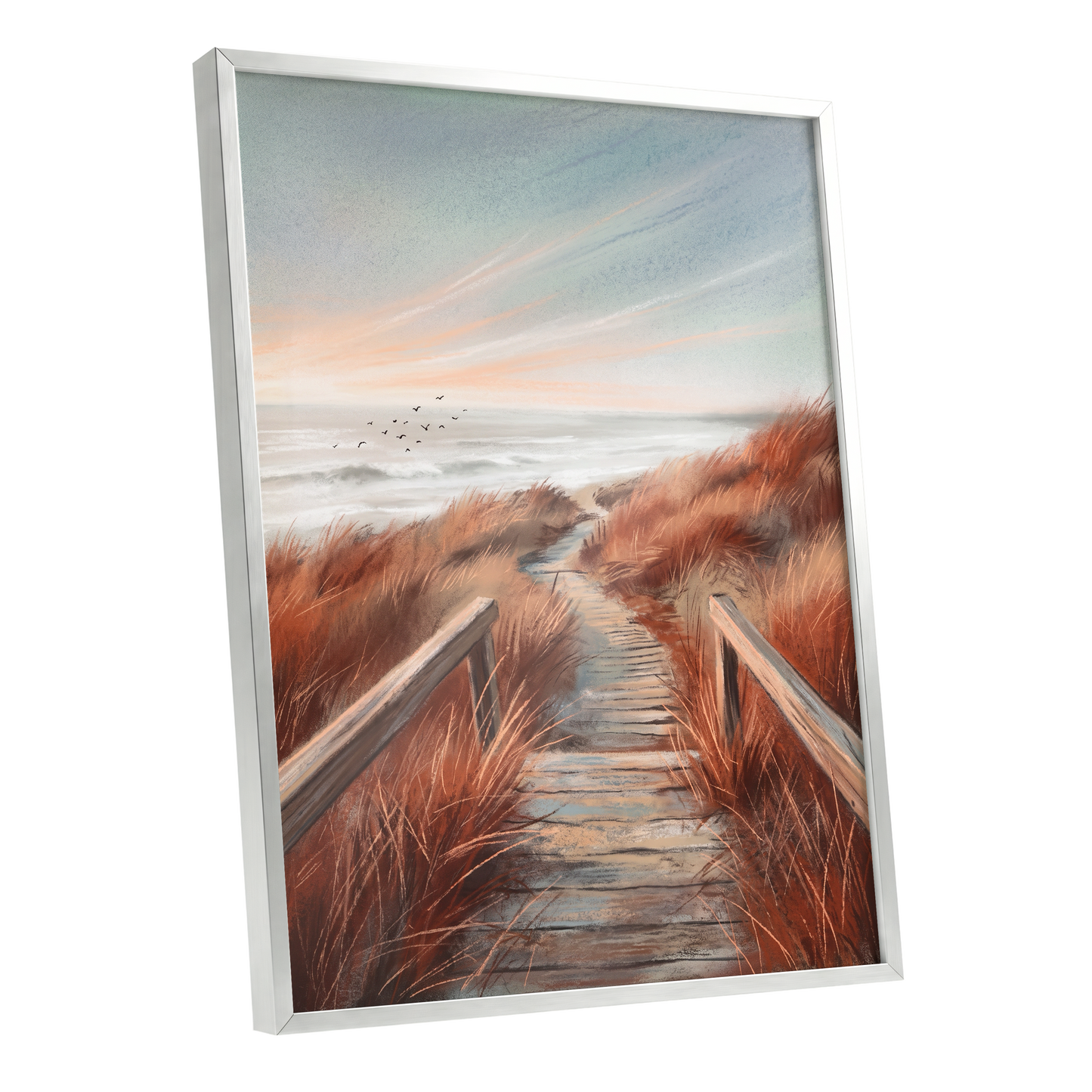 Ember Dune Path, blue, brown, orange nature wall art shown as a silver framed poster wall art print