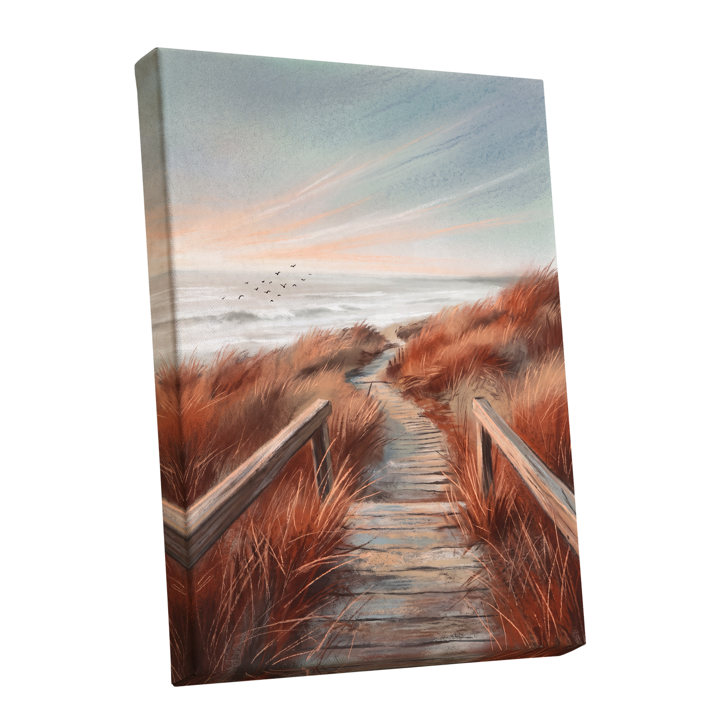 Ember Dune Path, blue, brown, orange nature wall art shown as a stretched canvas wall art