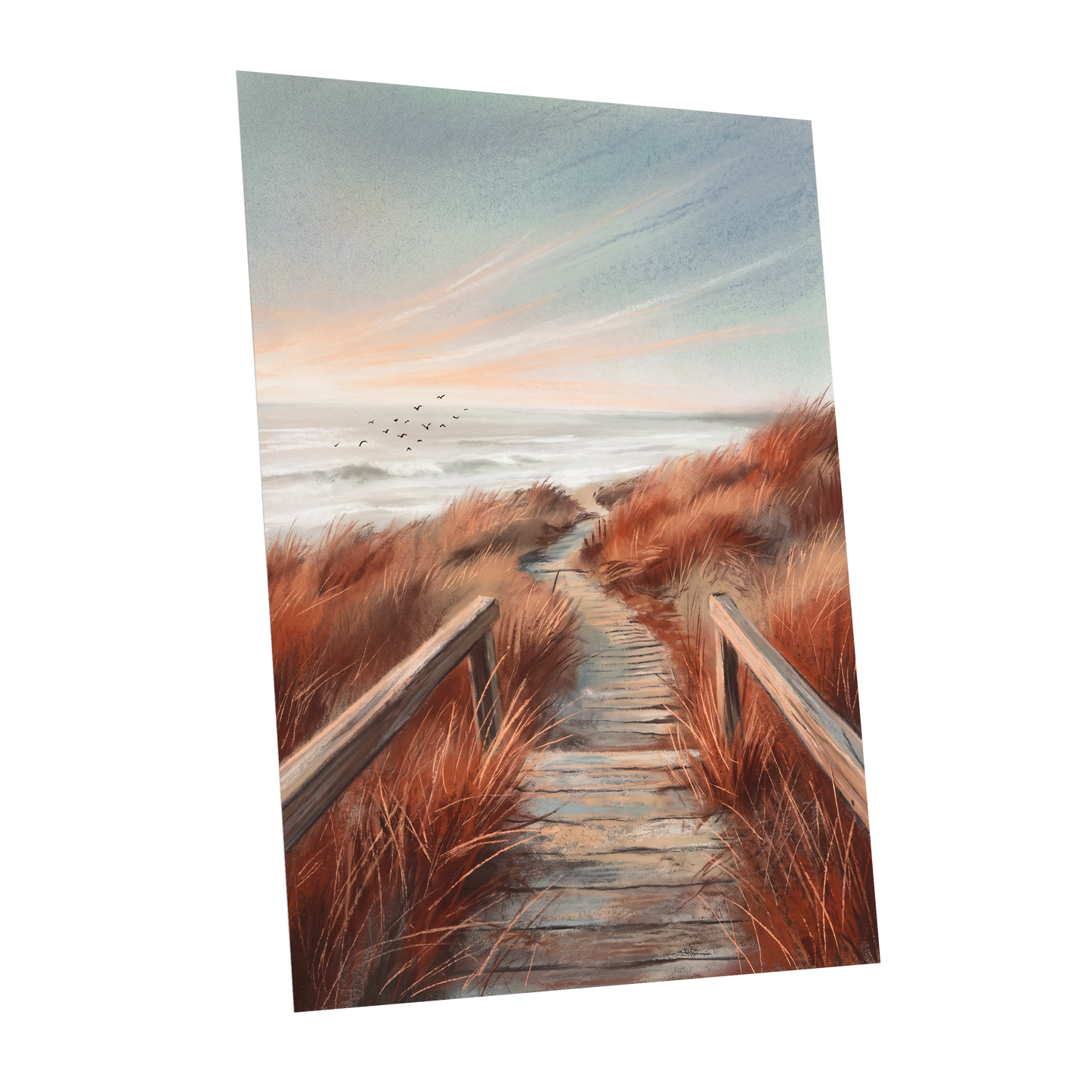 Ember Dune Path, blue, brown, orange nature wall art shown as a unframed poster wall art print