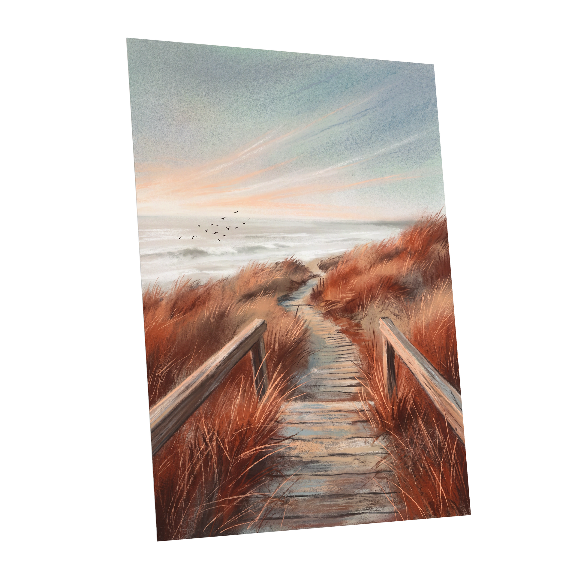 Ember Dune Path, blue, brown, orange nature wall art shown as a unframed poster wall art print