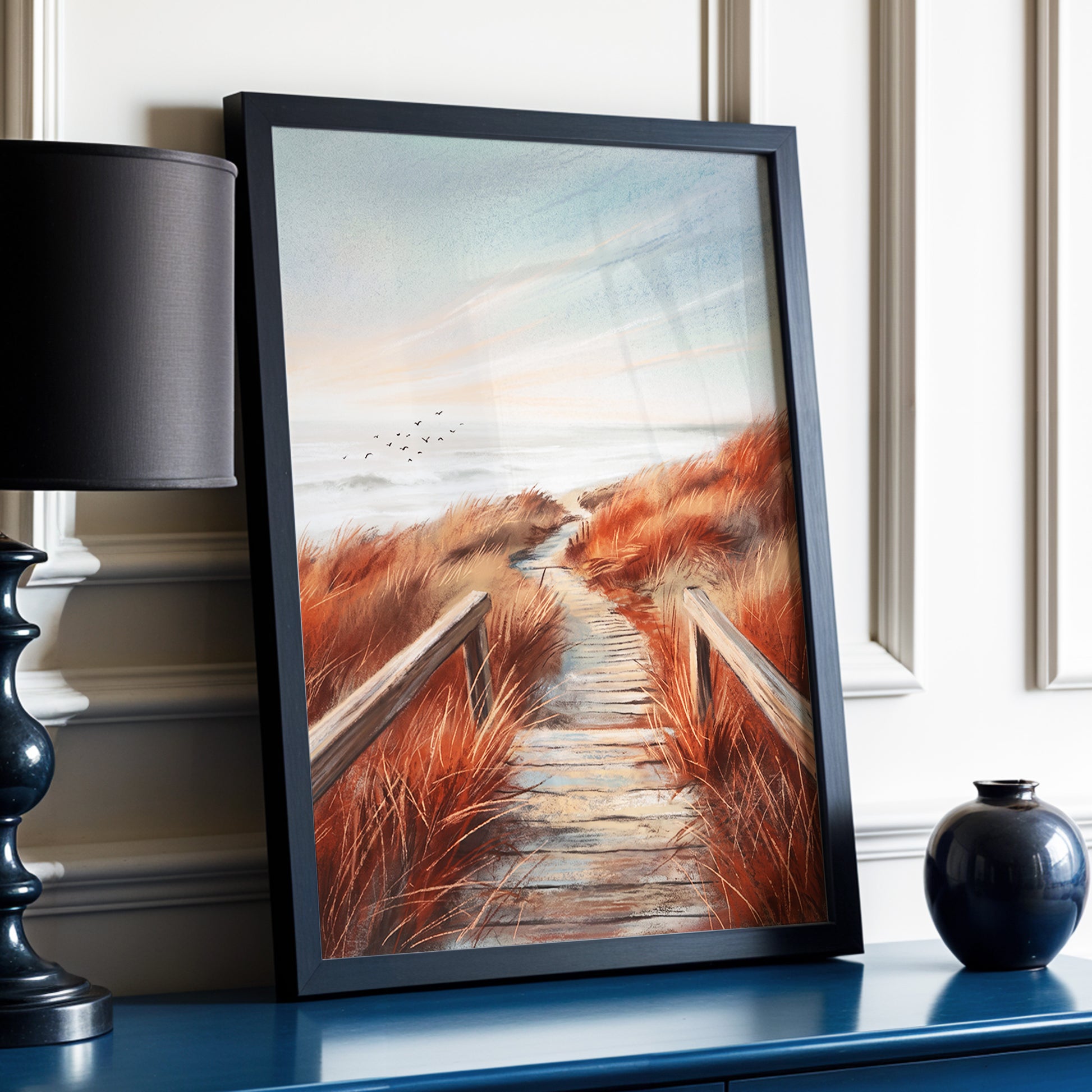 Ember Dune Path, blue, brown, orange nature wall art displayed in a styled interior, gallery view 2