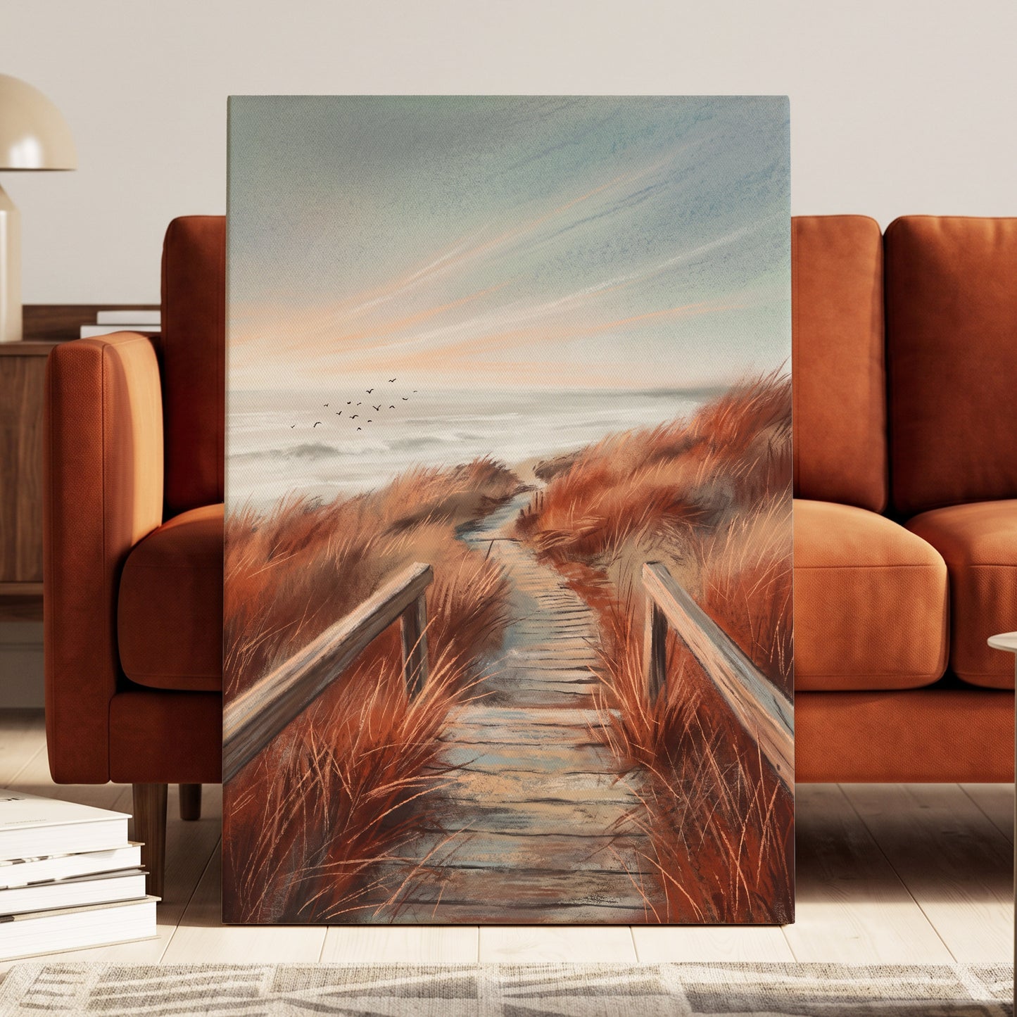 Ember Dune Path, blue, brown, orange nature wall art displayed in a styled interior, gallery view 3