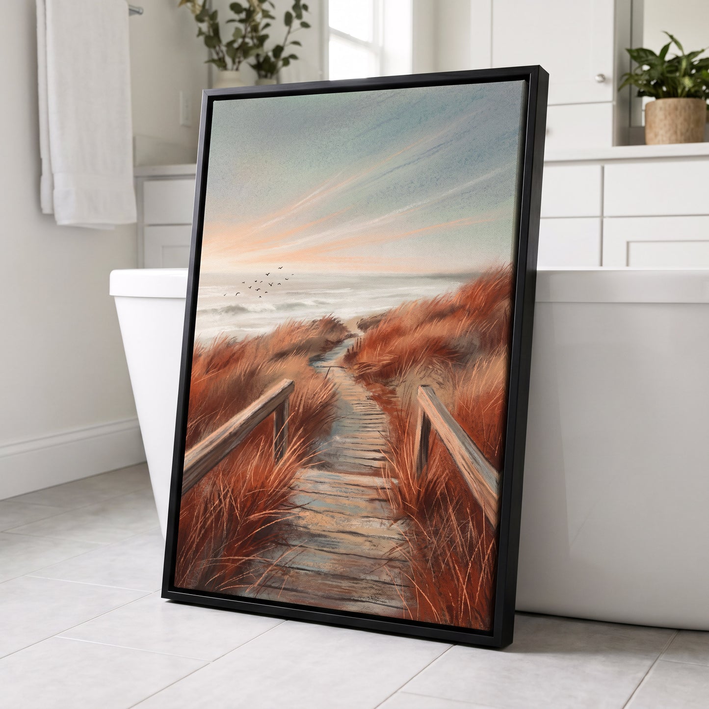 Ember Dune Path, blue, brown, orange nature wall art displayed in a styled interior, gallery view 4