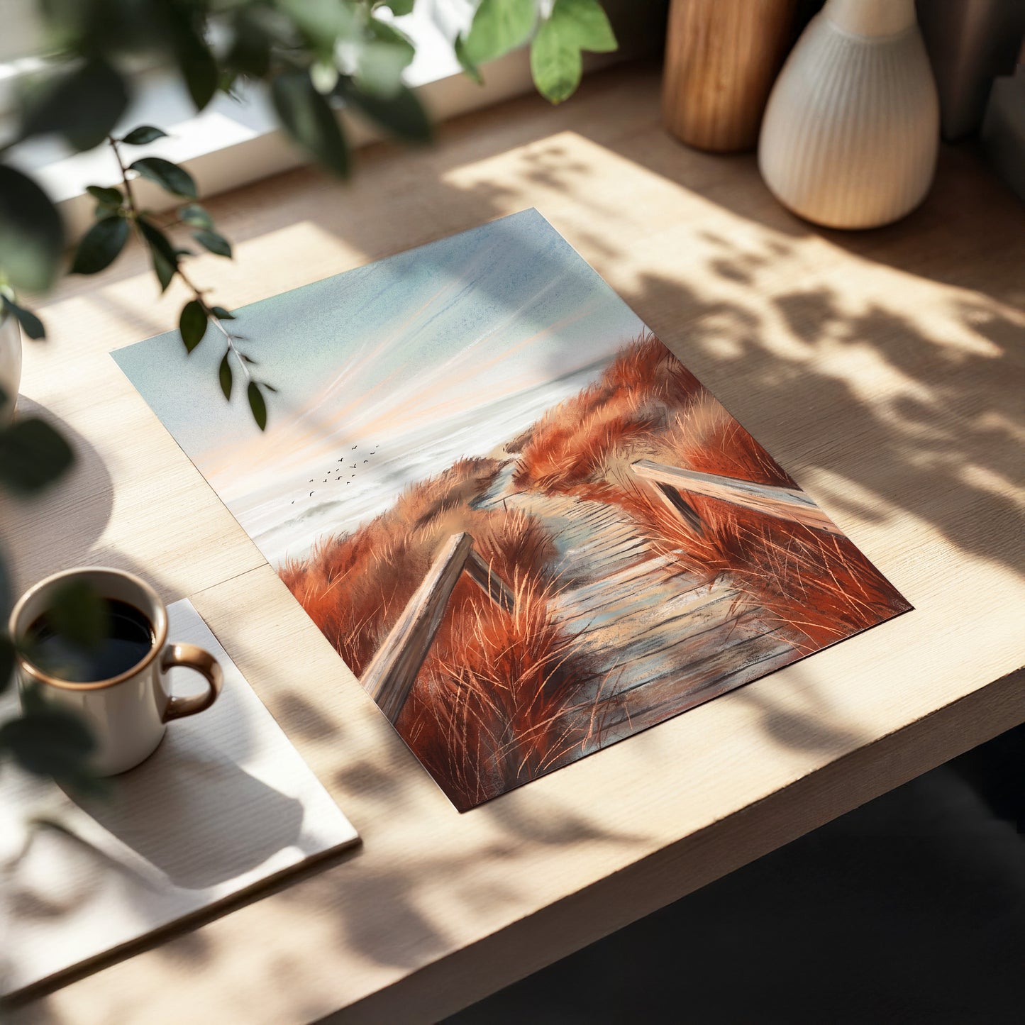 Ember Dune Path, blue, brown, orange nature wall art displayed in a styled interior, gallery view 5
