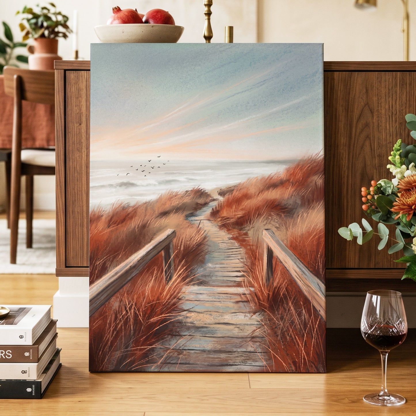 Ember Dune Path, blue, brown, orange nature wall art displayed in a styled interior, gallery view 7