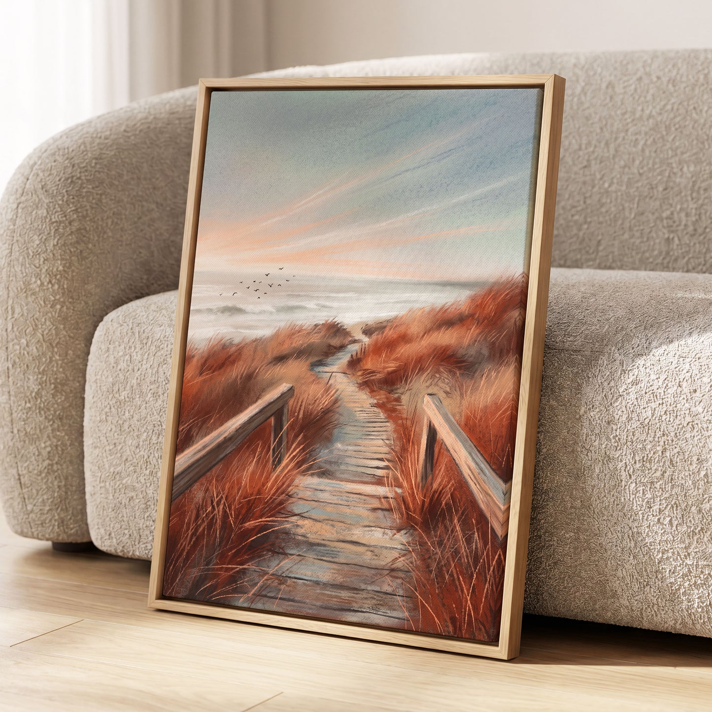 Ember Dune Path, blue, brown, orange nature wall art displayed in a styled interior, gallery view 8