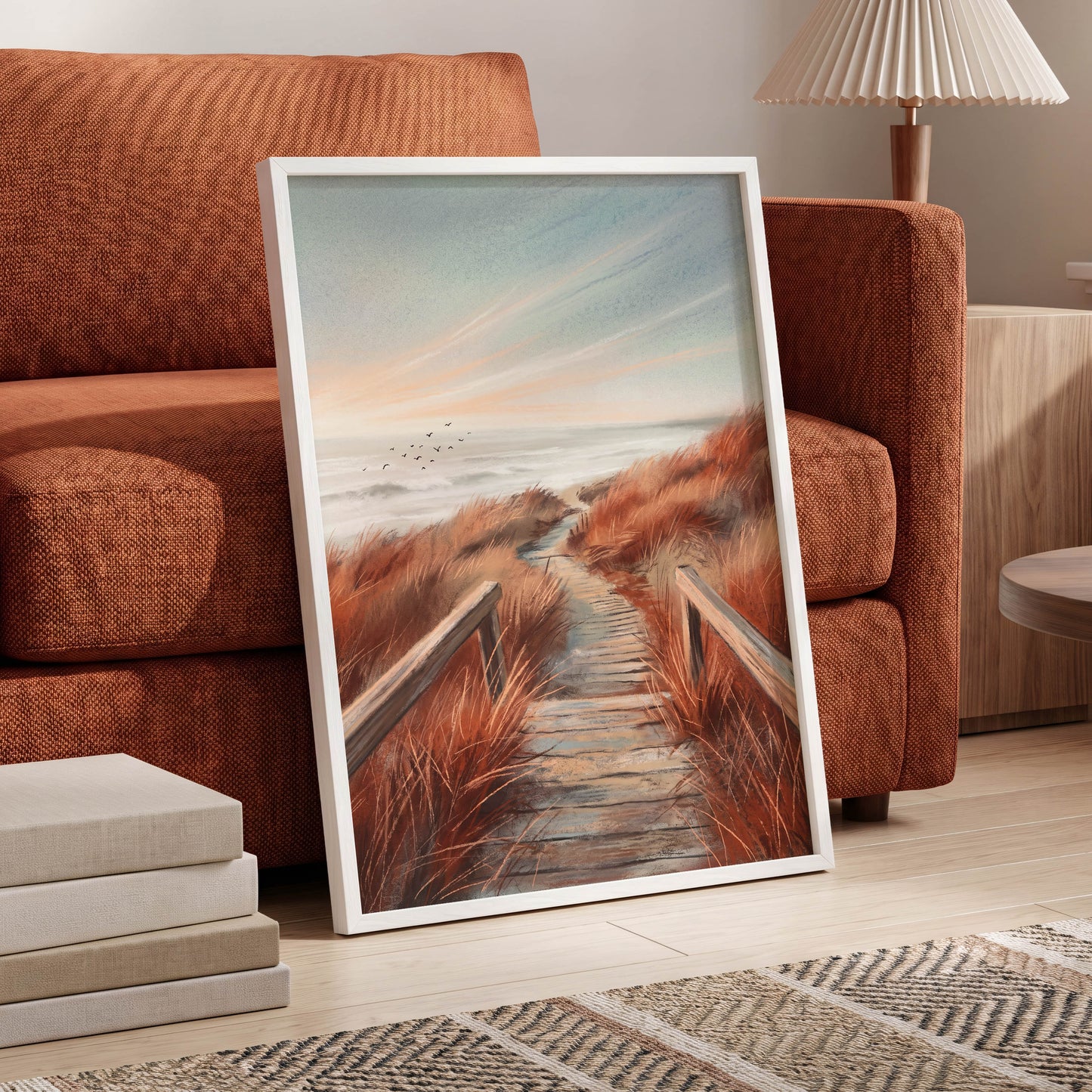 Ember Dune Path, blue, brown, orange nature wall art displayed in a styled interior, gallery view 9