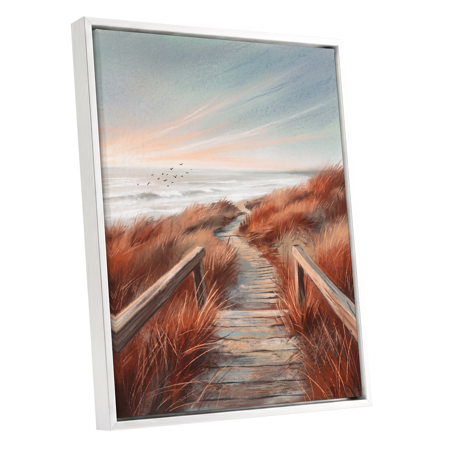 Ember Dune Path, blue, brown, orange nature wall art shown as a white framed canvas wall art