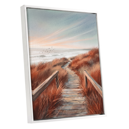 Ember Dune Path, blue, brown, orange nature wall art shown as a white framed canvas wall art