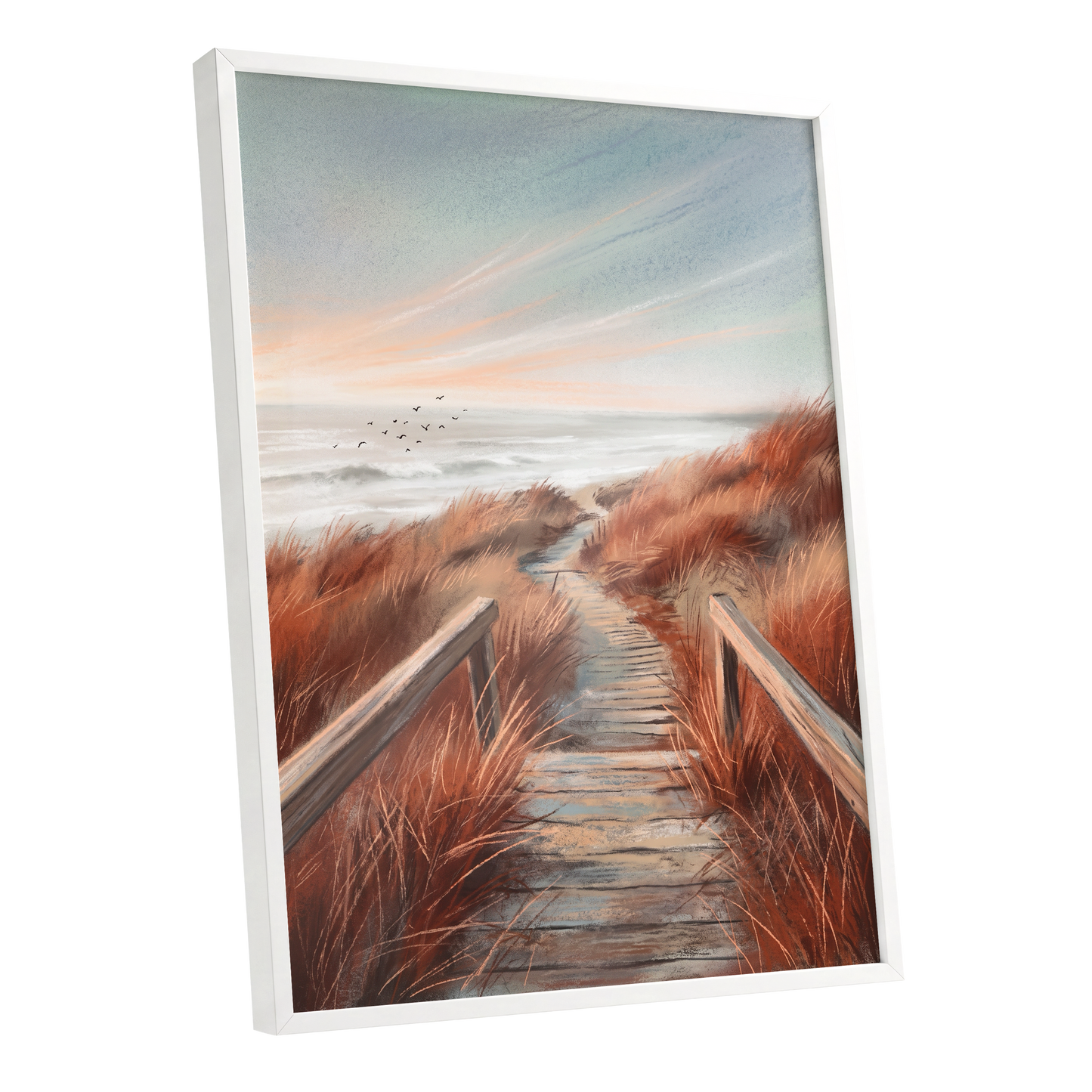 Ember Dune Path, blue, brown, orange nature wall art shown as a white framed poster wall art print