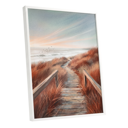 Ember Dune Path, blue, brown, orange nature wall art shown as a white framed poster wall art print