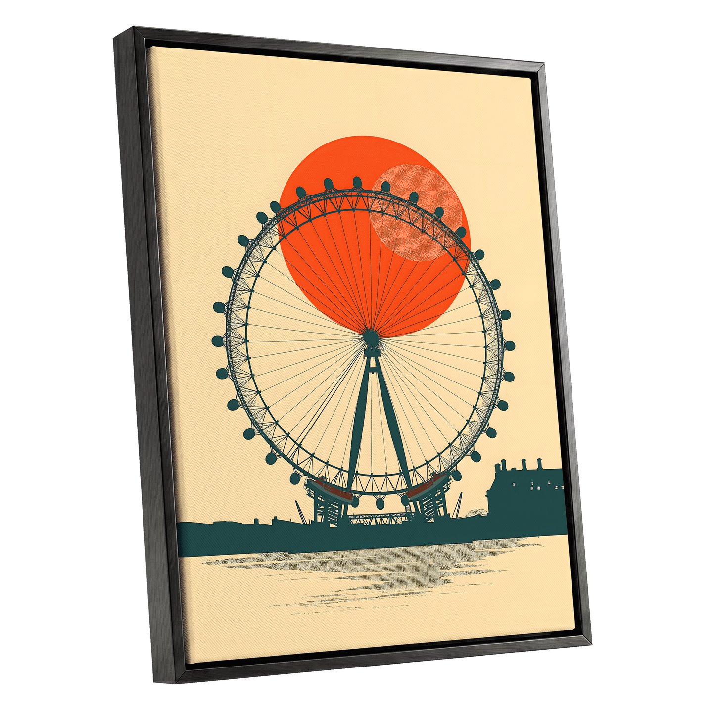 Ember Eye, green, beige, orange minimalist wall art shown as a black framed canvas wall art
