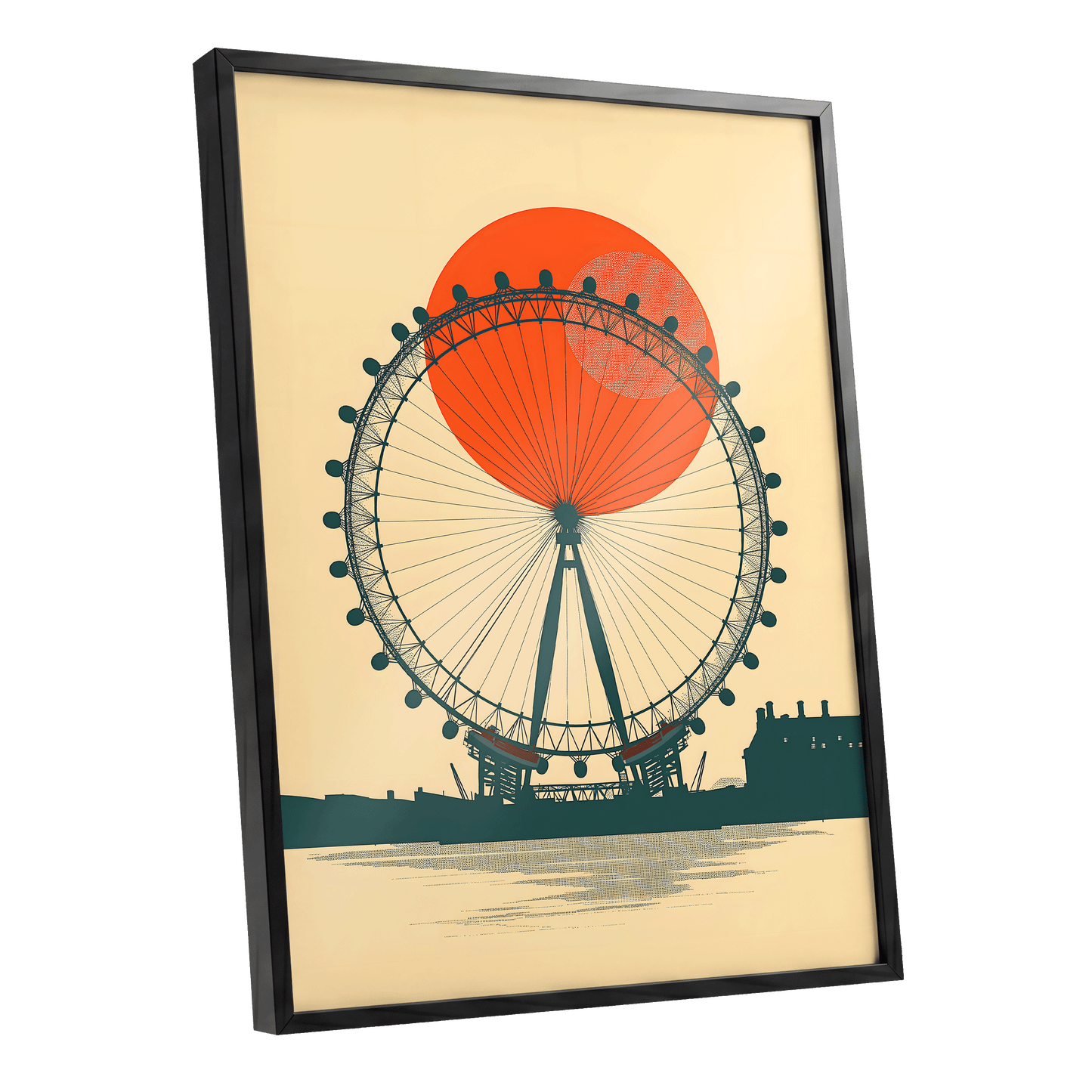 Ember Eye, green, beige, orange minimalist wall art shown as a black framed poster wall art print
