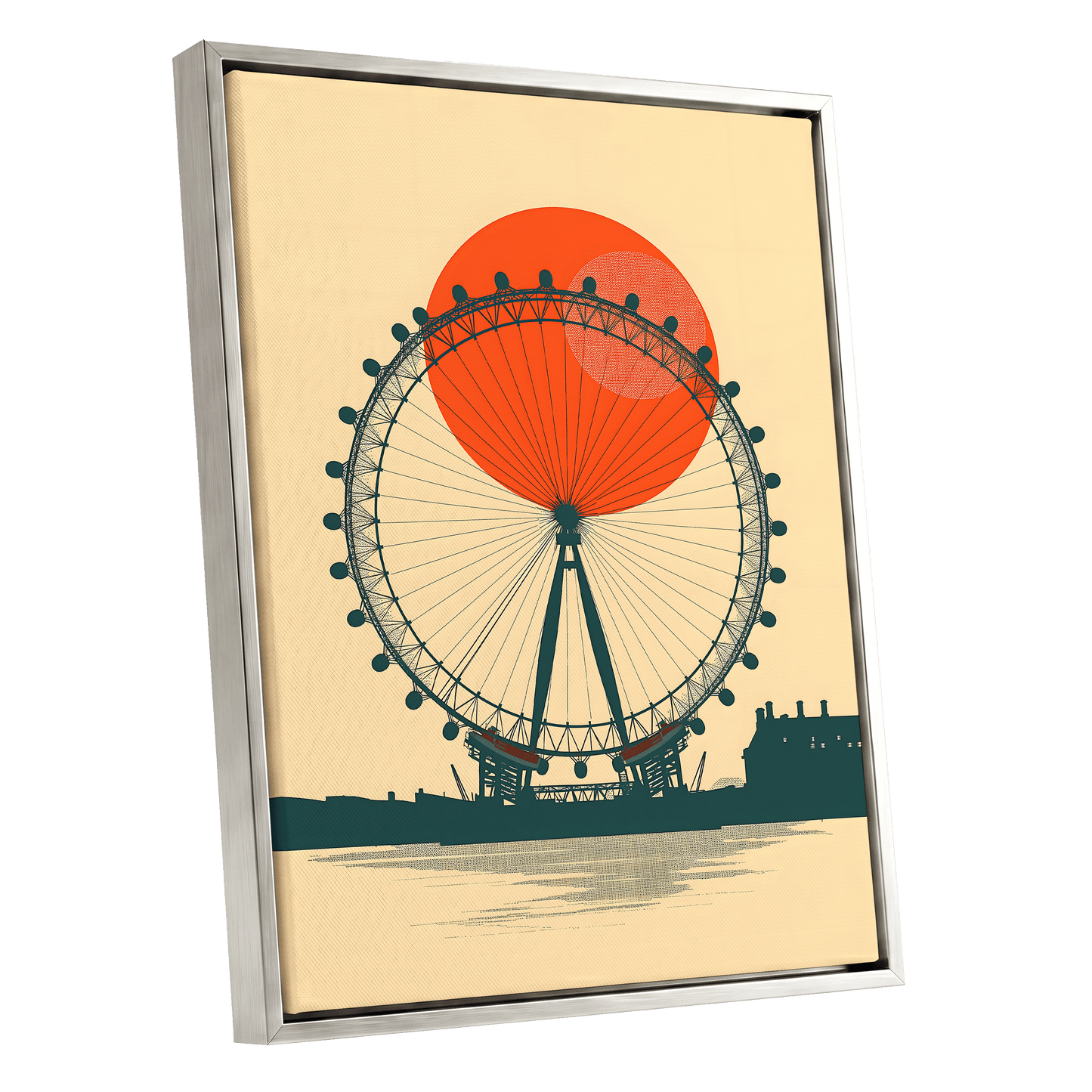 Ember Eye, green, beige, orange minimalist wall art shown as a silver framed canvas wall art