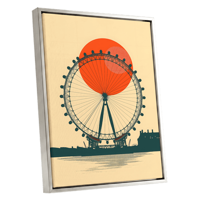 Ember Eye, green, beige, orange minimalist wall art shown as a silver framed canvas wall art
