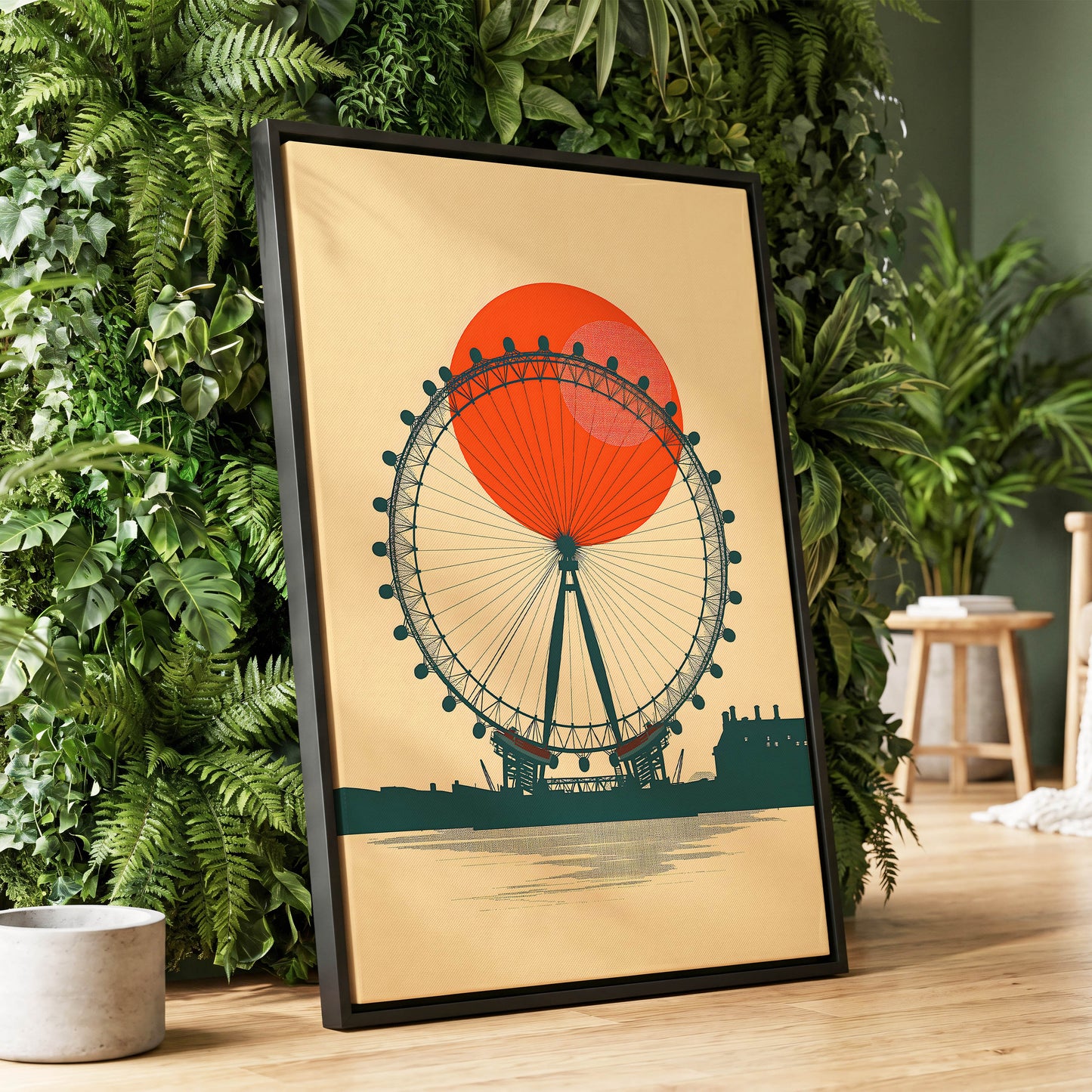 Ember Eye, green, beige, orange minimalist wall art displayed in a styled interior, gallery view 1