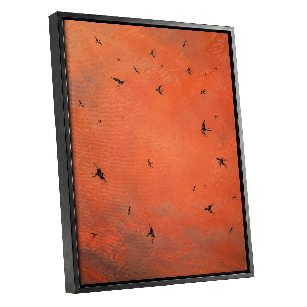 Ember Flight, orange, brown, black nature wall art shown as a black framed canvas wall art