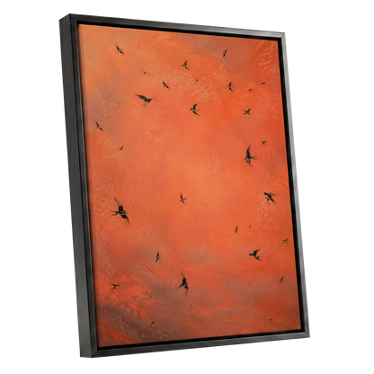 Ember Flight, orange, brown, black nature wall art shown as a black framed canvas wall art