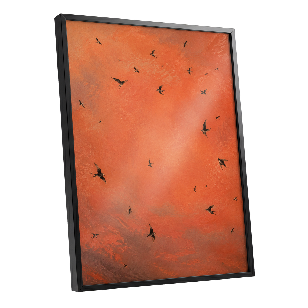 Ember Flight, orange, brown, black nature wall art shown as a black framed poster wall art print