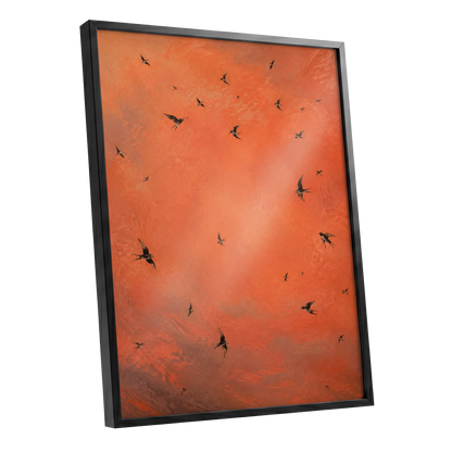 Ember Flight, orange, brown, black nature wall art shown as a black framed poster wall art print