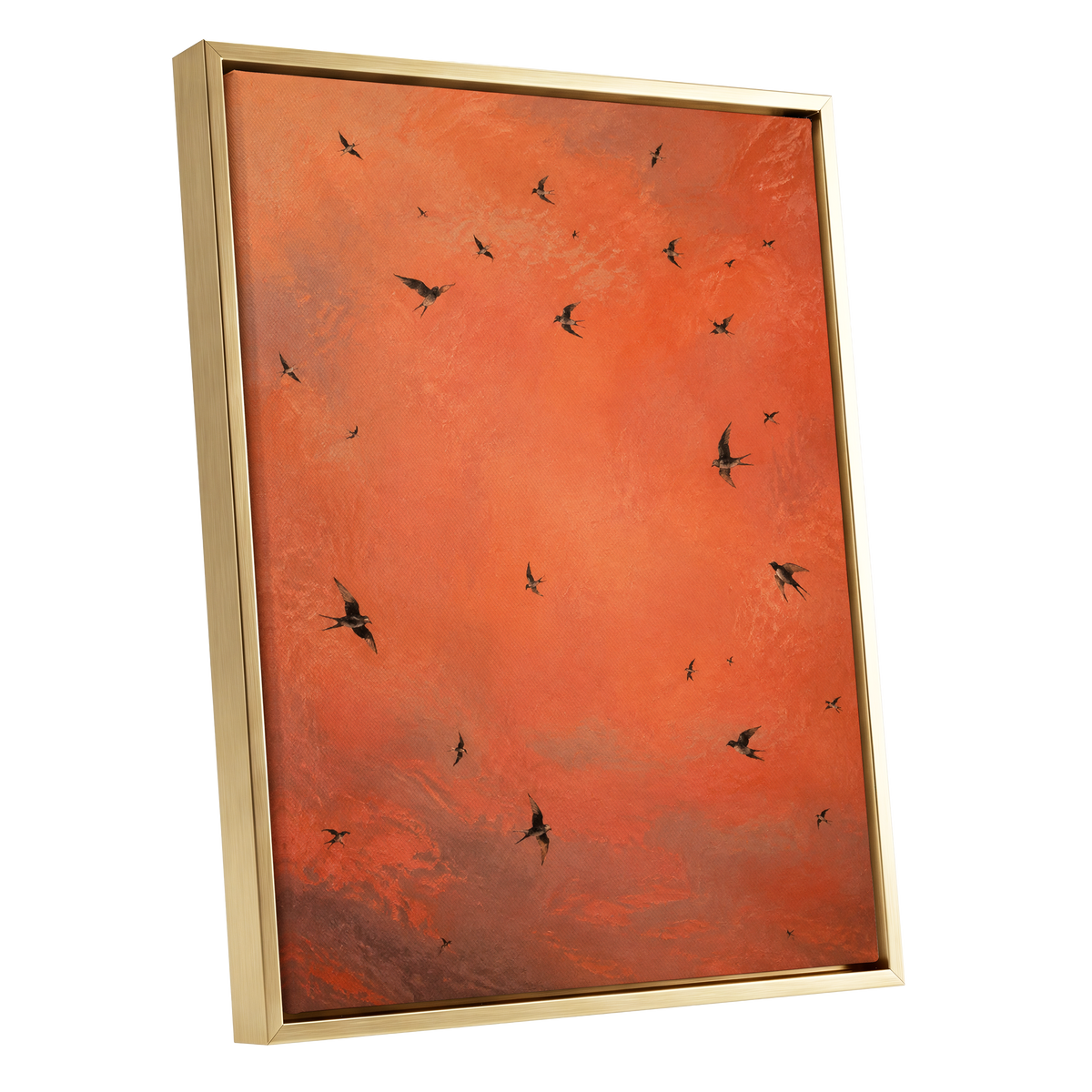 Ember Flight, orange, brown, black nature wall art shown as a gold framed canvas wall art