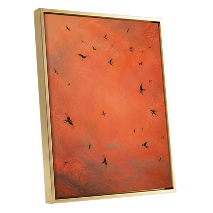 Ember Flight, orange, brown, black nature wall art shown as a gold framed canvas wall art