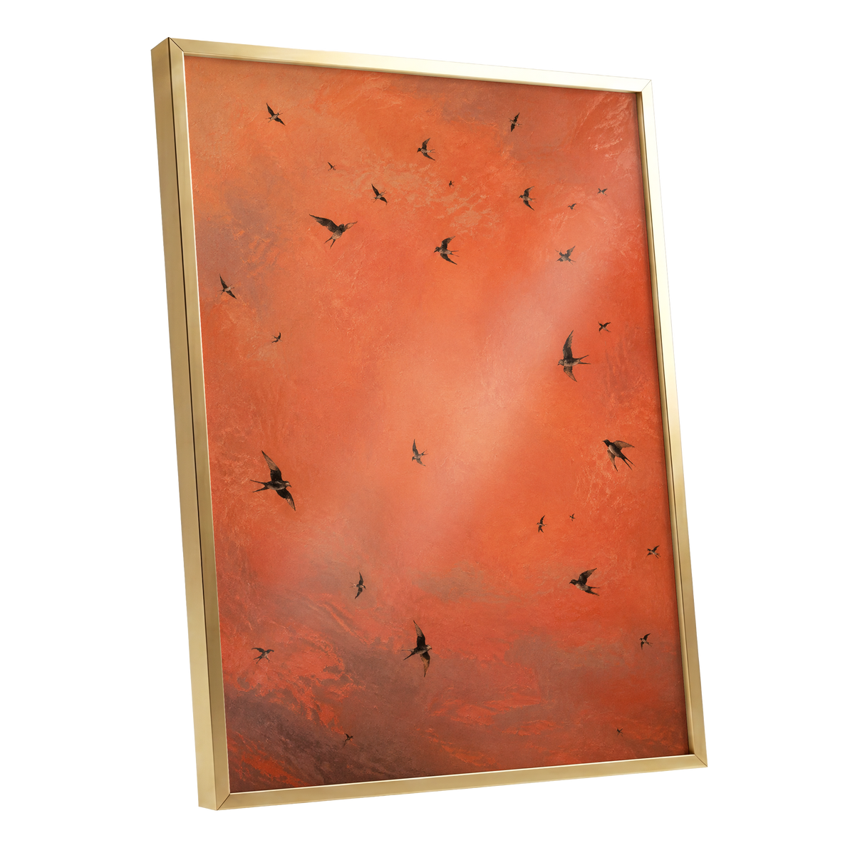 Ember Flight, orange, brown, black nature wall art shown as a gold framed poster wall art print