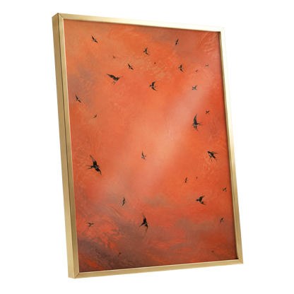 Ember Flight, orange, brown, black nature wall art shown as a gold framed poster wall art print