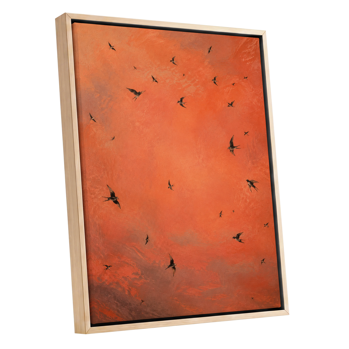 Ember Flight, orange, brown, black nature wall art shown as a oak framed canvas wall art
