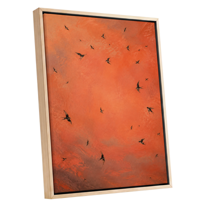 Ember Flight, orange, brown, black nature wall art shown as a oak framed canvas wall art