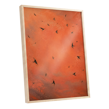Ember Flight, orange, brown, black nature wall art shown as a oak framed poster wall art print