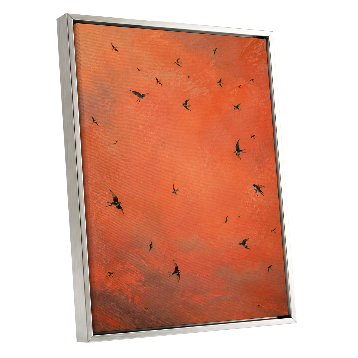Ember Flight, orange, brown, black nature wall art shown as a silver framed canvas wall art