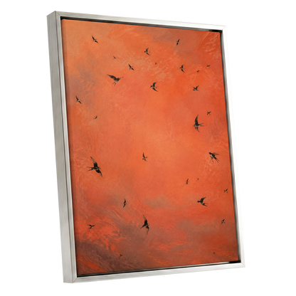 Ember Flight, orange, brown, black nature wall art shown as a silver framed canvas wall art